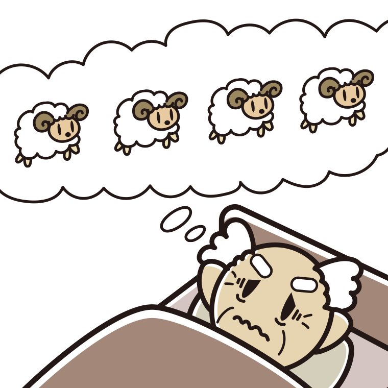 眠れなくて困っているおじいさんのイラスト【色あり、背景なし】透過PNG