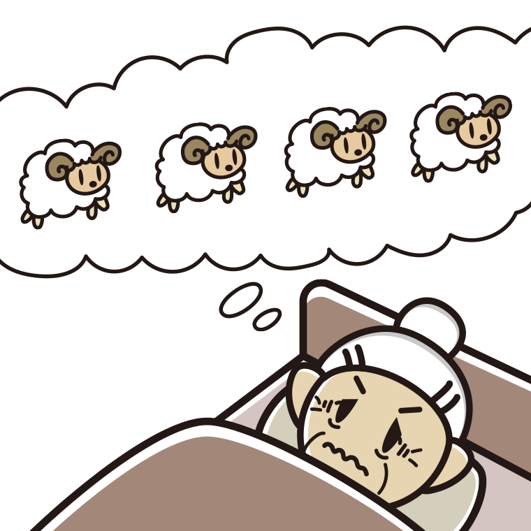 眠れなくて困っているおばあさんのイラスト【色あり、背景なし】透過PNG