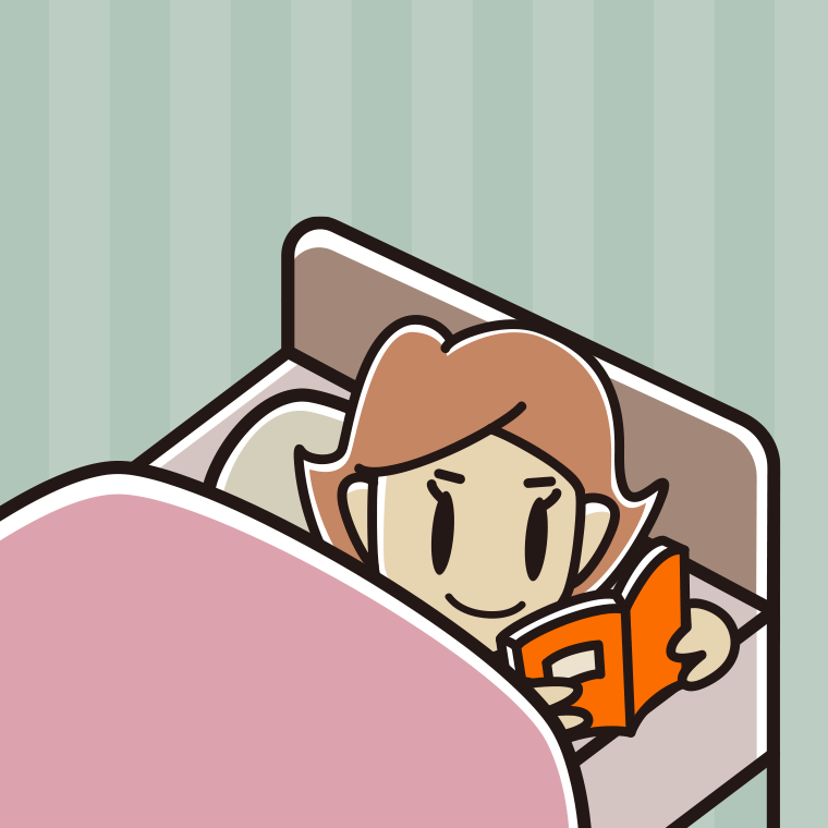 ベッドで本を読む女性のイラスト【色、背景あり】PNG