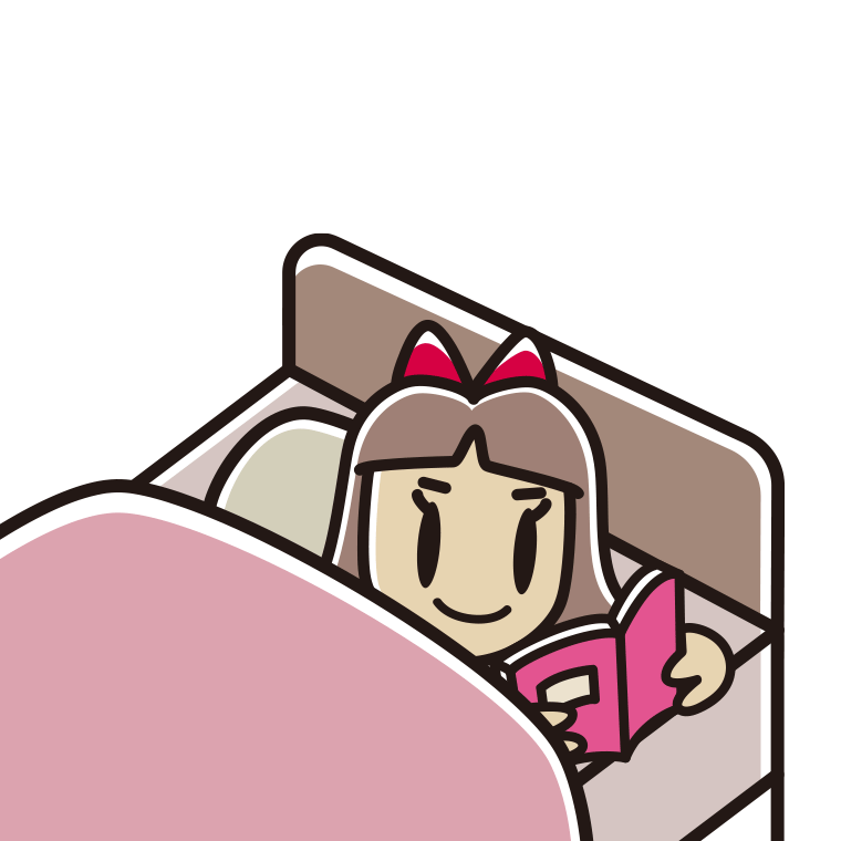 ベッドで本を読む小学生女子のイラスト【色あり、背景なし】透過PNG
