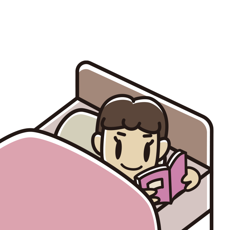 ベッドで本を読む女子中学生のイラスト【色あり、背景なし】透過PNG