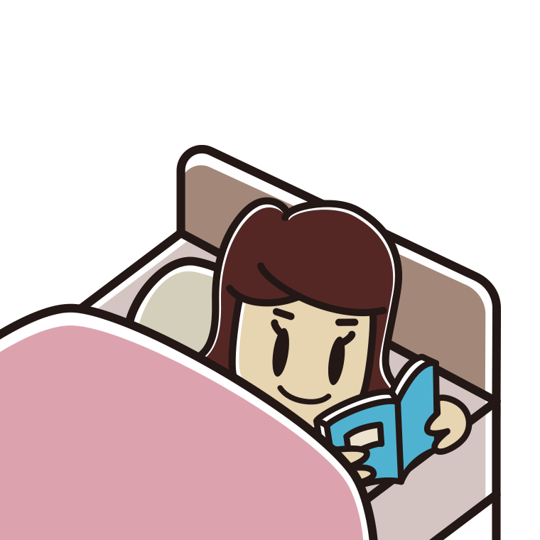 ベッドで本を読む女子高校生のイラスト【色あり、背景なし】透過PNG