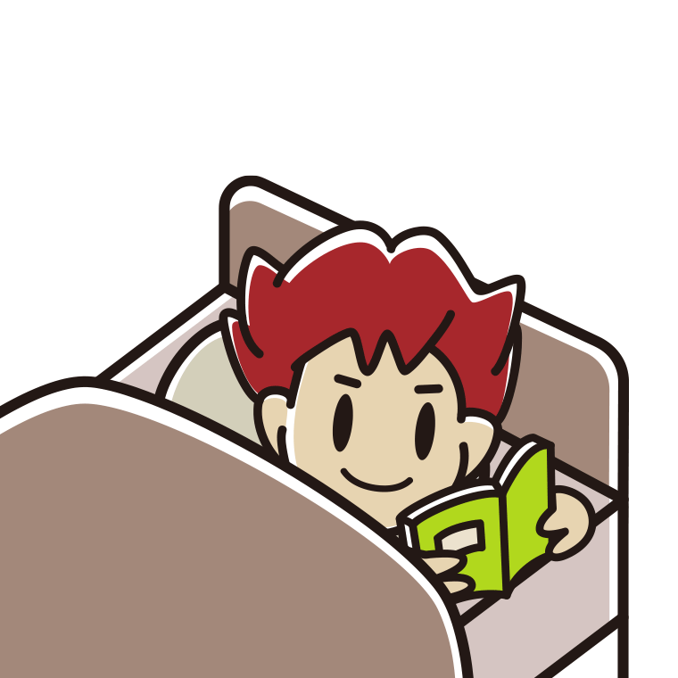 ベッドで本を読む男子大学生のイラスト【色あり、背景なし】透過PNG