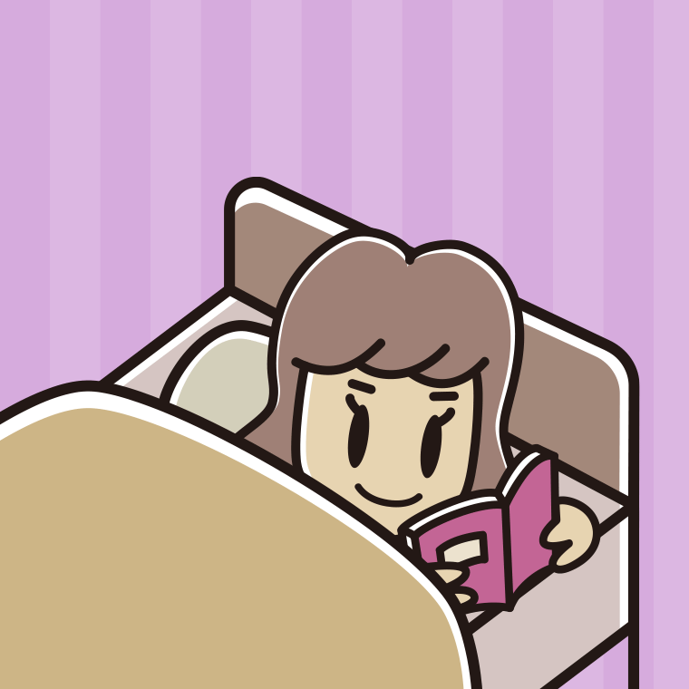 ベッドで本を読む女子大学生のイラスト【色、背景あり】PNG