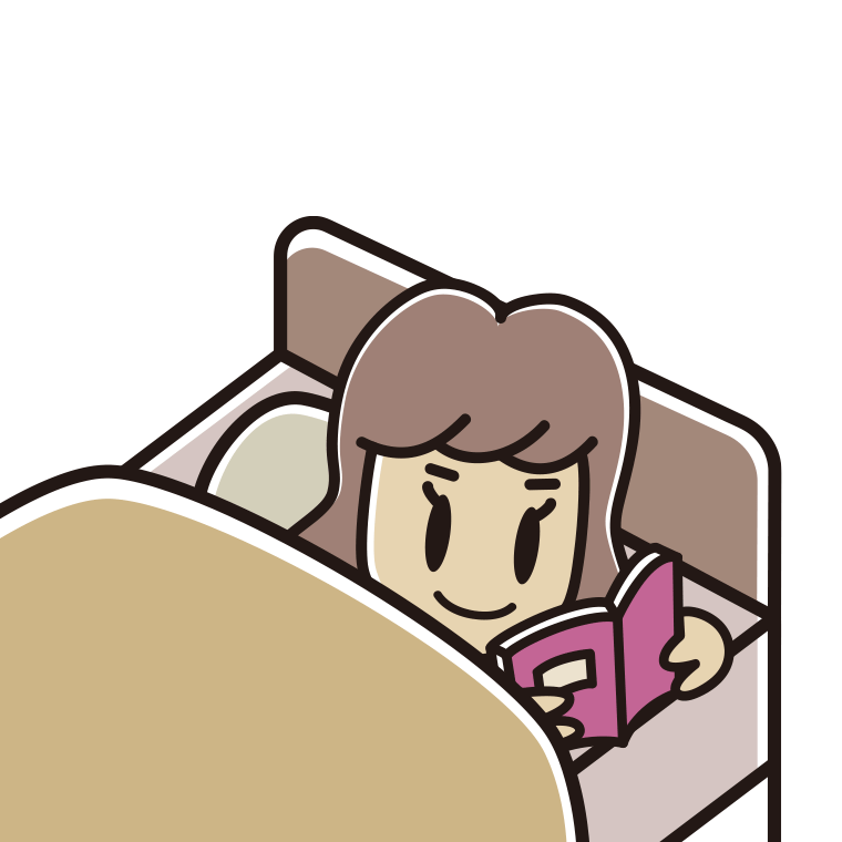 ベッドで本を読む女子大学生のイラスト【色あり、背景なし】透過PNG