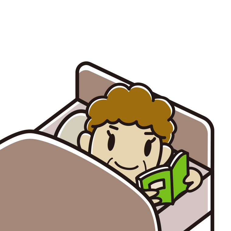 ベッドで本を読むおばさんのイラスト【色あり、背景なし】透過PNG