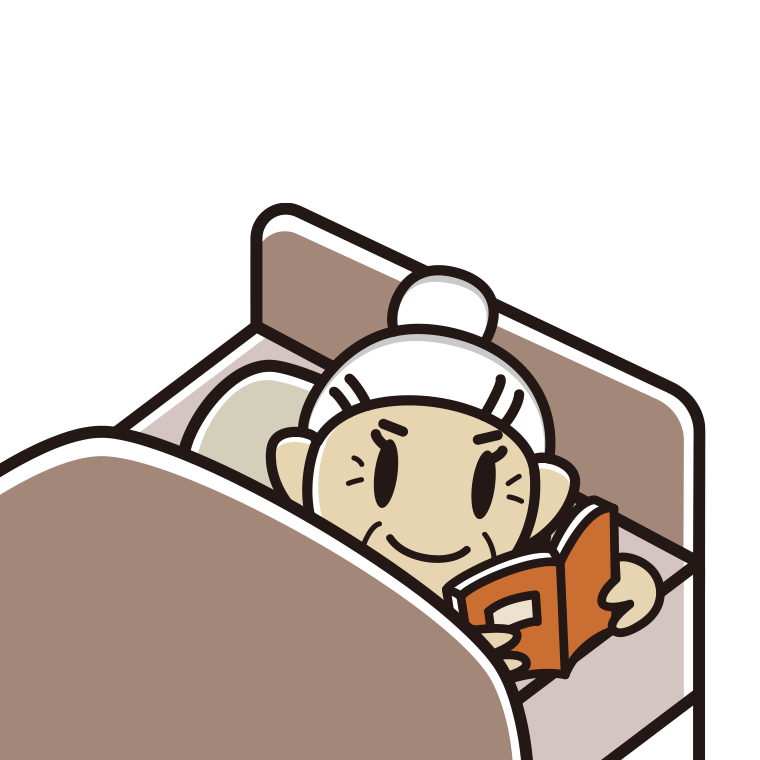 ベッドで本を読むおばあさんのイラスト【色あり、背景なし】透過PNG