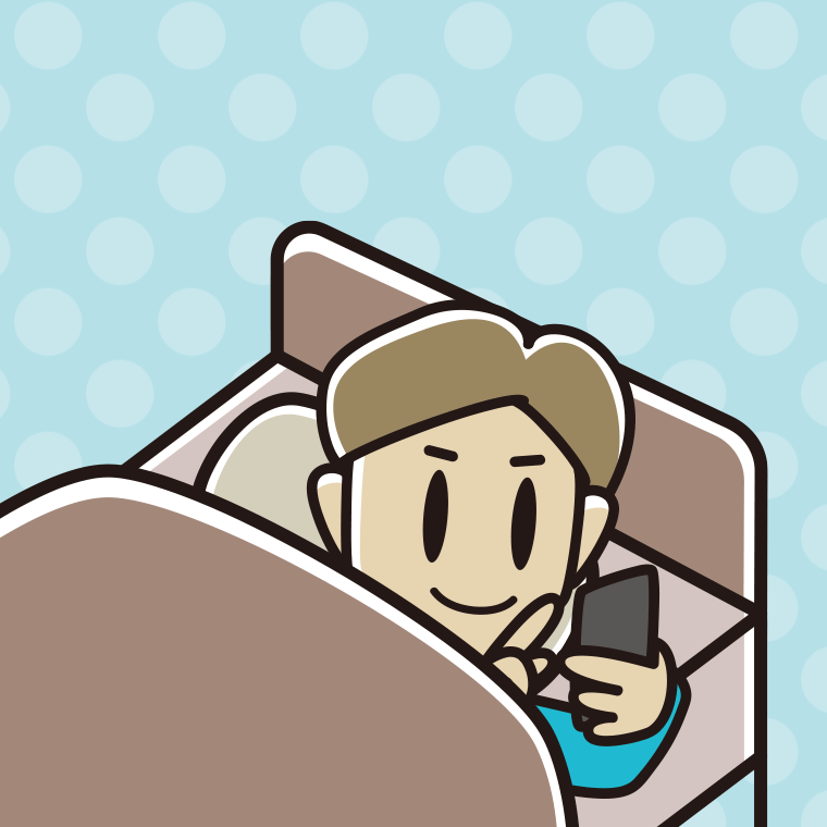 ベッドでスマホを使う男性のイラスト【色、背景あり】PNG