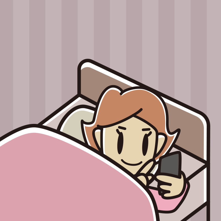 ベッドでスマホを使う女性のイラスト【色、背景あり】PNG