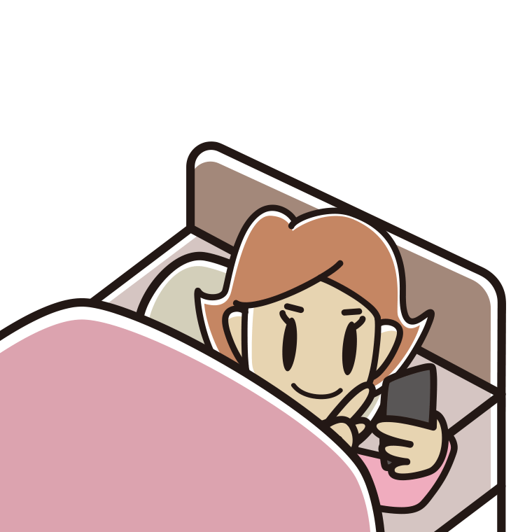 ベッドでスマホを使う女性のイラスト【色あり、背景なし】透過PNG