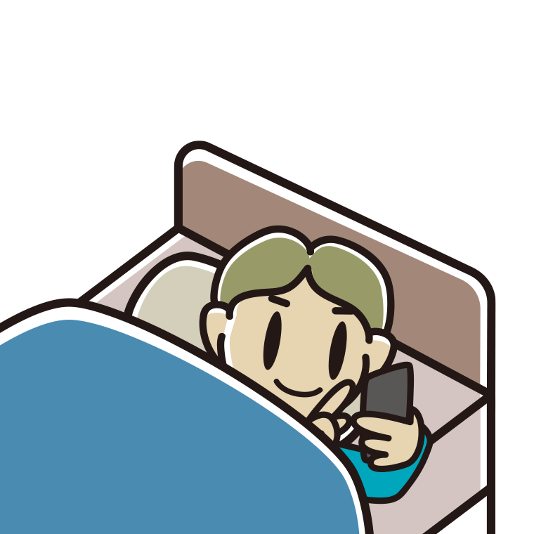 ベッドでスマホを使う小学生男子のイラスト【色あり、背景なし】透過PNG