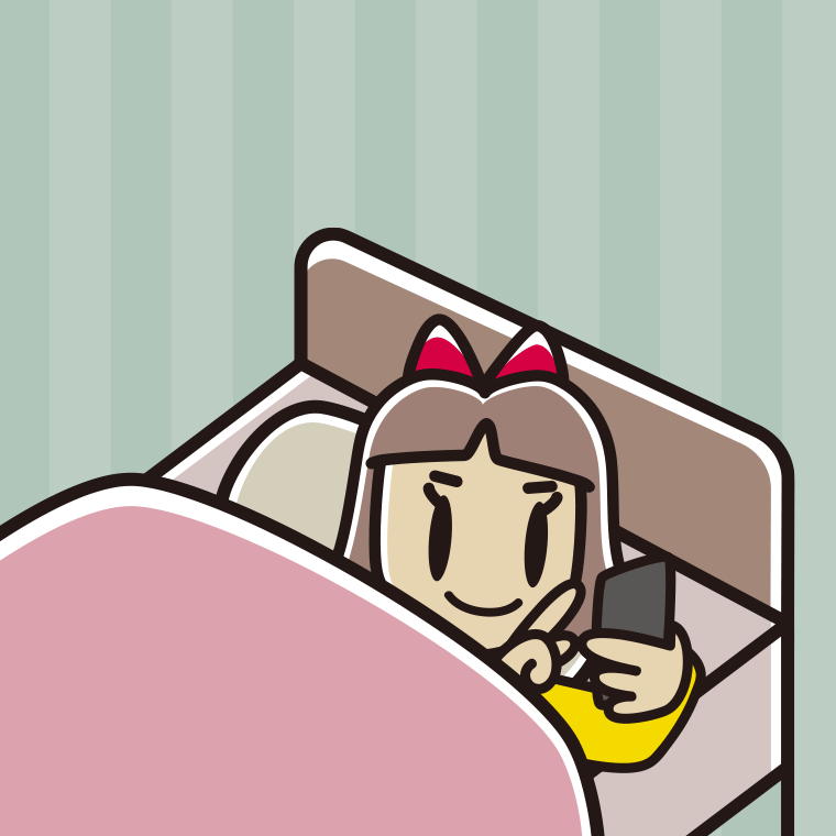 ベッドでスマホを使う小学生女子のイラスト【色、背景あり】PNG