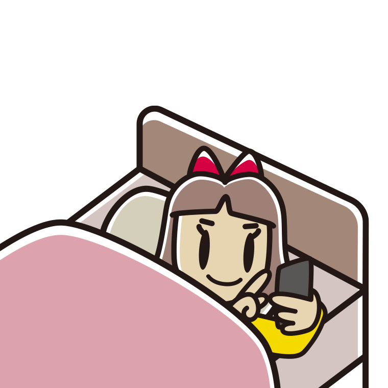 ベッドでスマホを使う小学生女子のイラスト【色あり、背景なし】透過PNG