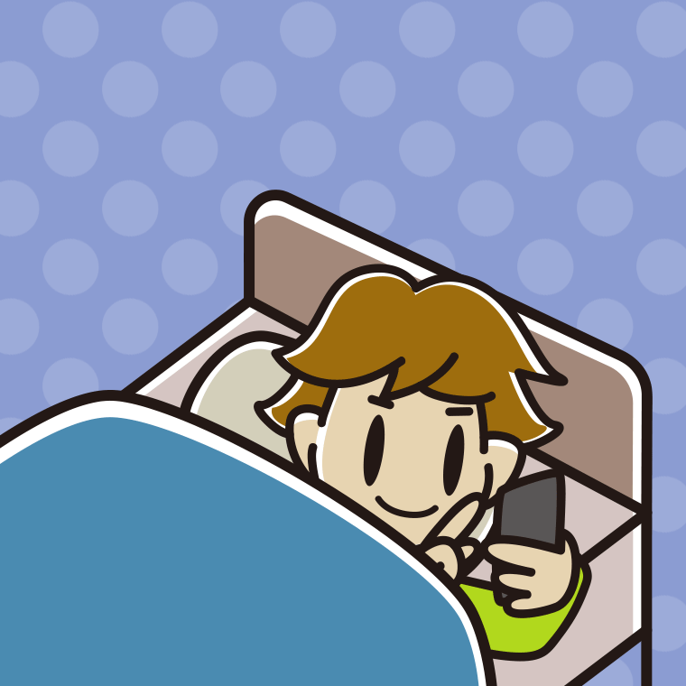 ベッドでスマホを使う男子高校生のイラスト【色、背景あり】PNG
