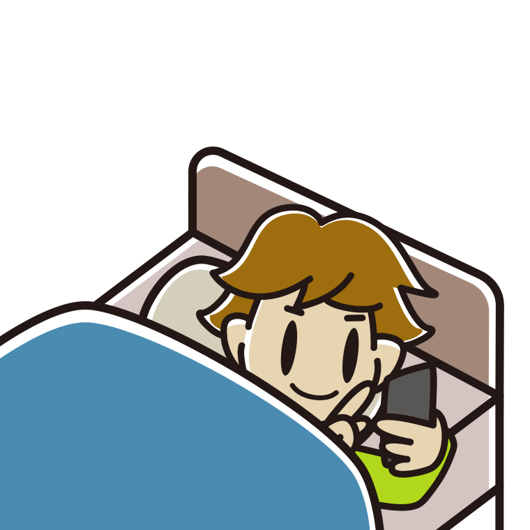 ベッドでスマホを使う男子高校生のイラスト【色あり、背景なし】透過PNG