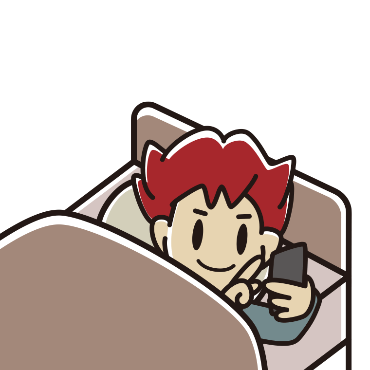 ベッドでスマホを使う男子大学生のイラスト【色あり、背景なし】透過PNG