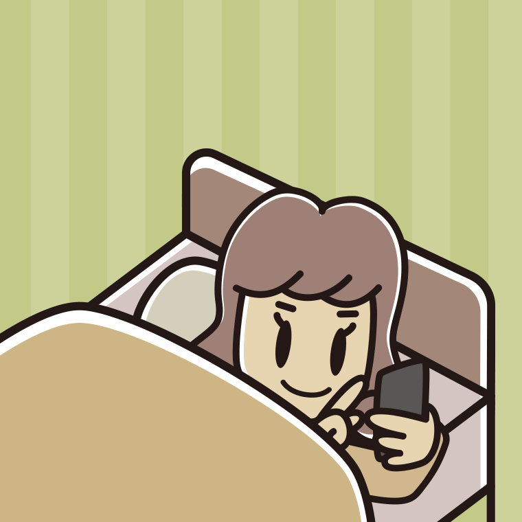 ベッドでスマホを使う女子大学生のイラスト【色、背景あり】PNG