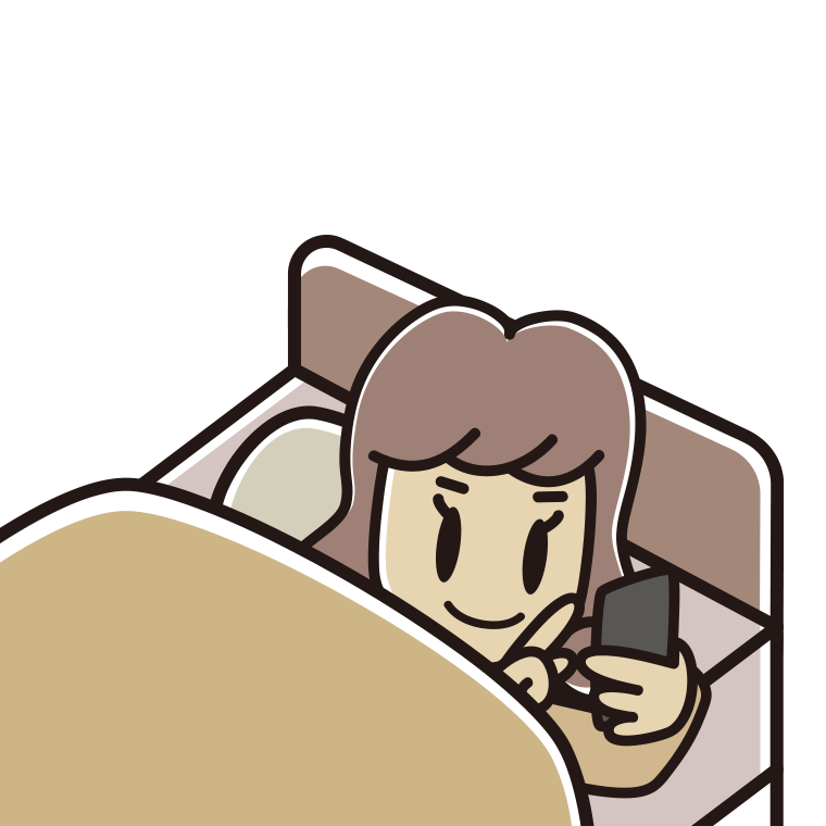 ベッドでスマホを使う女子大学生のイラスト【色あり、背景なし】透過PNG