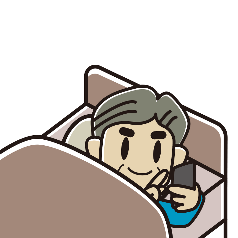 ベッドでスマホを使うおじさんのイラスト【色あり、背景なし】透過PNG