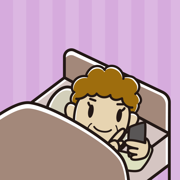 【フリー素材】ベッドでスマホを使うおばさんのイラスト