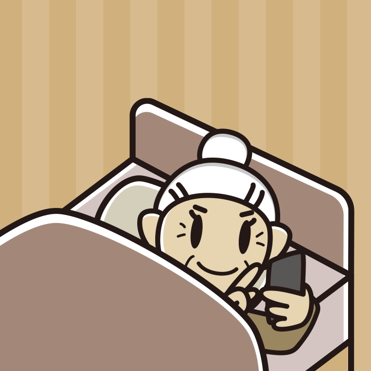 【フリー素材】ベッドでスマホを使うおばあさんのイラスト