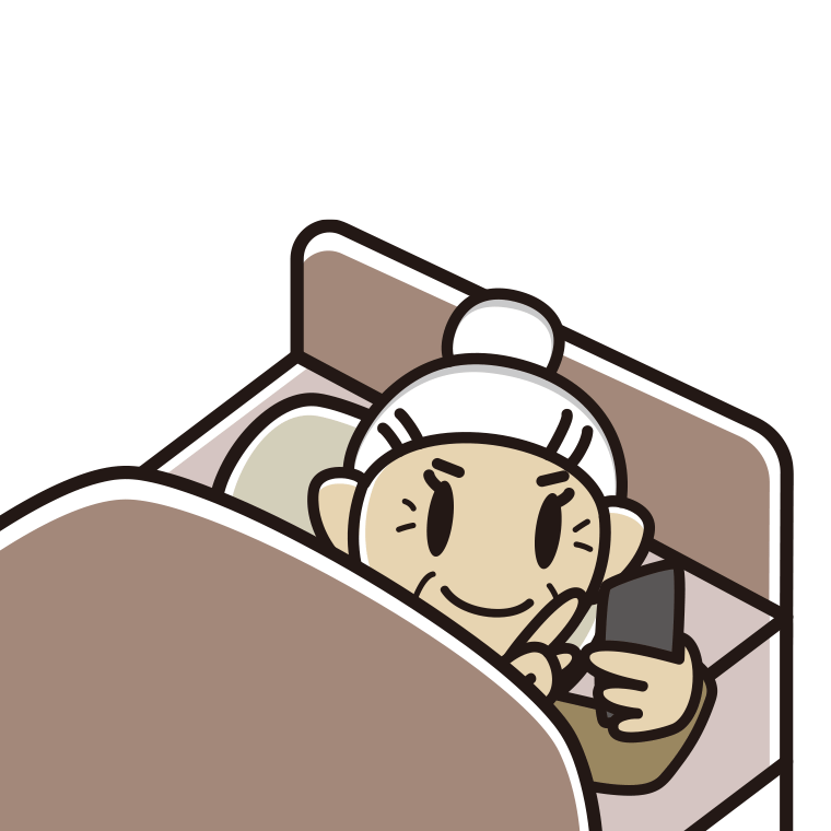 ベッドでスマホを使うおばあさんのイラスト【色あり、背景なし】透過PNG