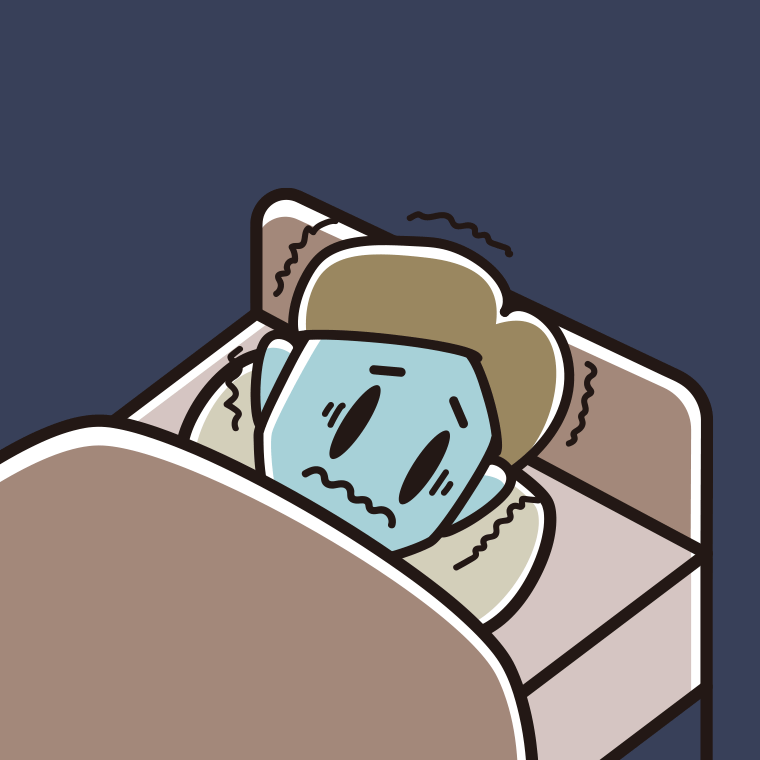 ベッドで震える男性のイラスト【色、背景あり】PNG