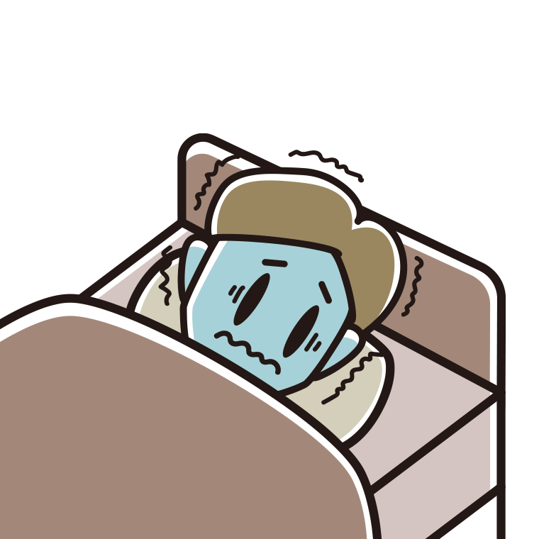 ベッドで震える男性のイラスト【色あり、背景なし】透過PNG