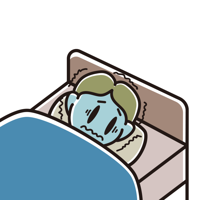 ベッドで震える小学生男子のイラスト【色あり、背景なし】透過PNG