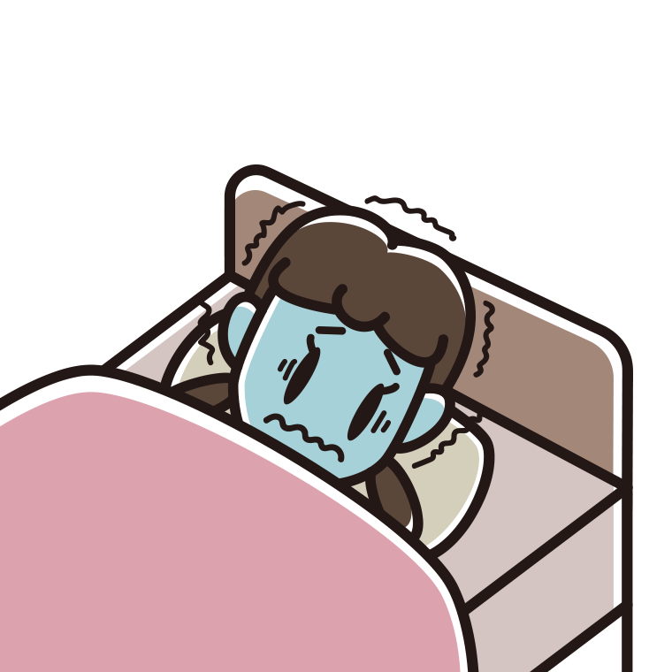 ベッドで震える女子中学生のイラスト【色あり、背景なし】透過PNG