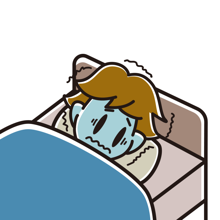 ベッドで震える男子高校生のイラスト【色あり、背景なし】透過PNG