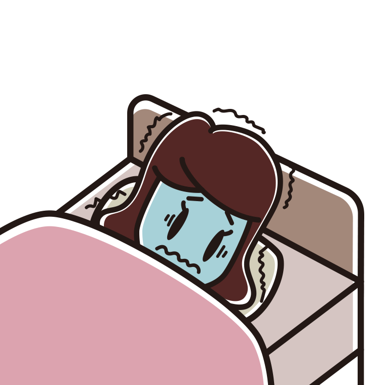 ベッドで震える女子高校生のイラスト【色あり、背景なし】透過PNG