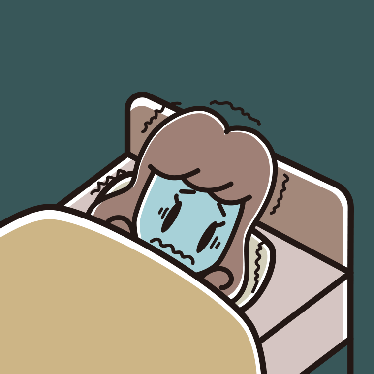 ベッドで震える女子大学生のイラスト【色、背景あり】PNG