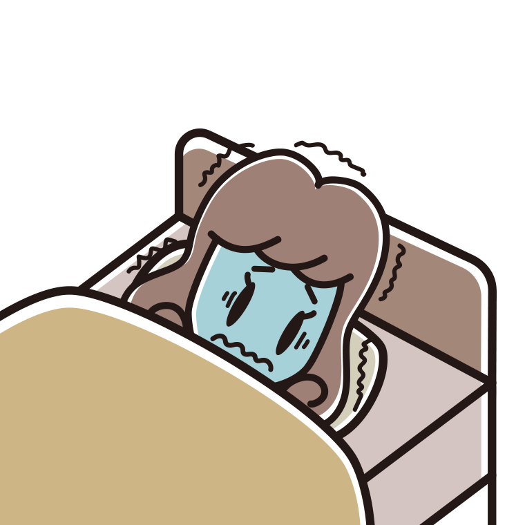 ベッドで震える女子大学生のイラスト【色あり、背景なし】透過PNG