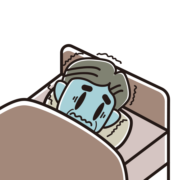 ベッドで震えるおじさんのイラスト【色あり、背景なし】透過PNG