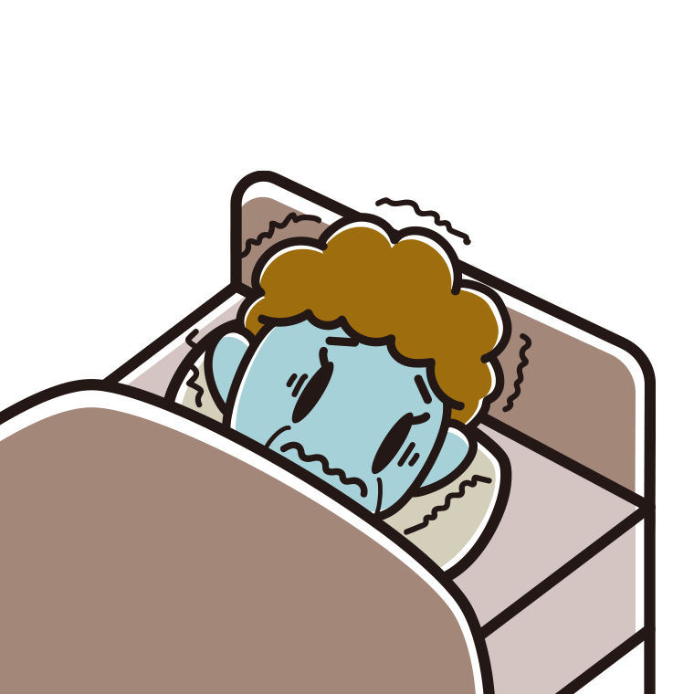 ベッドで震えるおばさんのイラスト【色あり、背景なし】透過PNG
