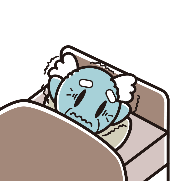 ベッドで震えるおじいさんのイラスト【色あり、背景なし】透過PNG