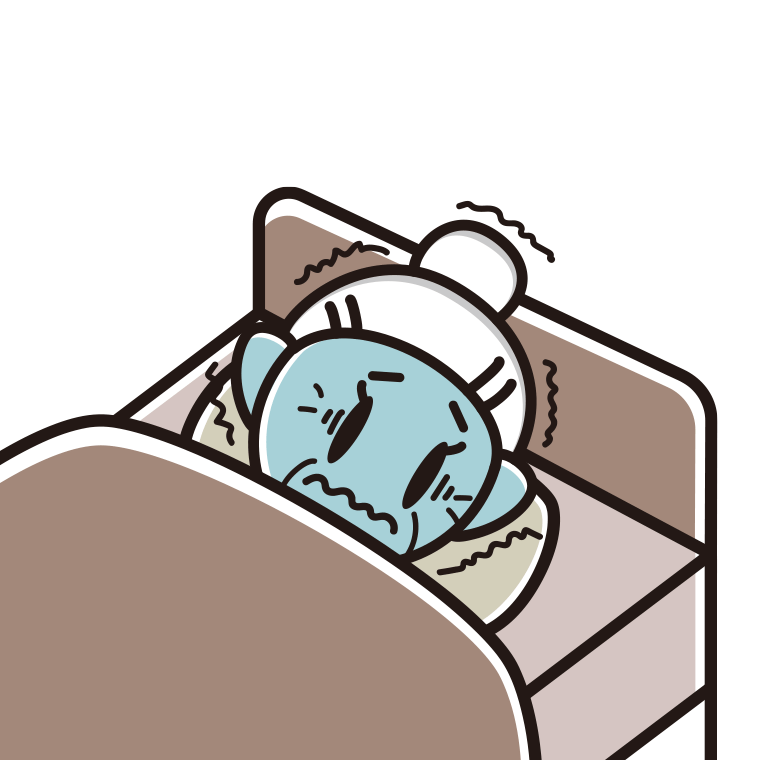 ベッドで震えるおばあさんのイラスト【色あり、背景なし】透過PNG