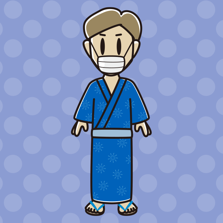 マスクをする浴衣姿の男性のイラスト【色、背景あり】PNG