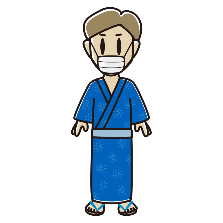 マスクをする浴衣姿の男性のイラスト【色あり、背景なし】透過PNG