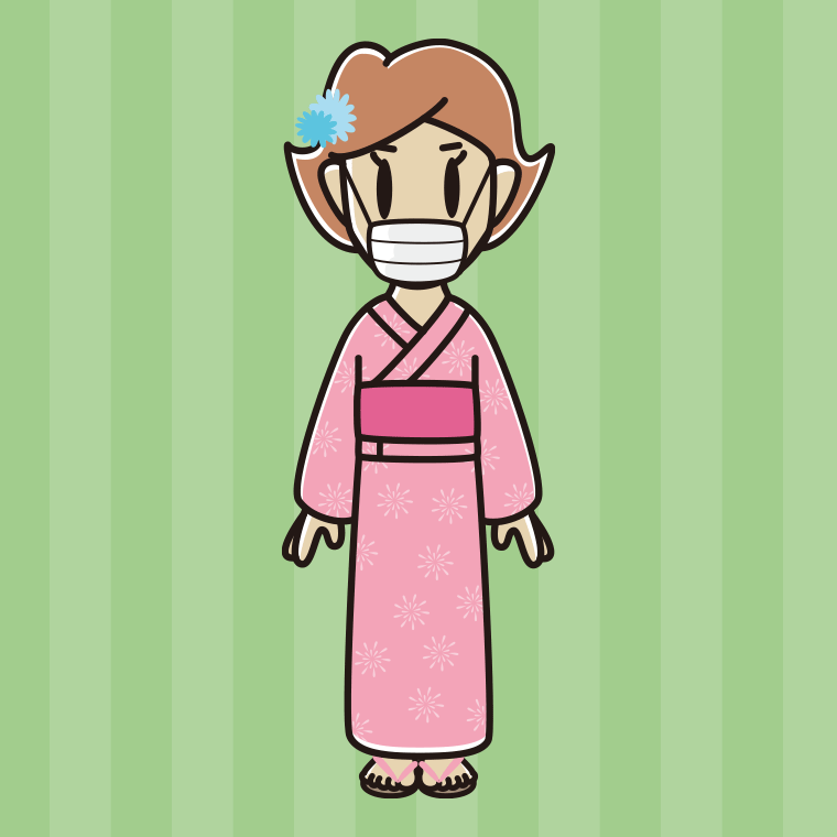 マスクをする浴衣姿の女性のイラスト【色、背景あり】PNG