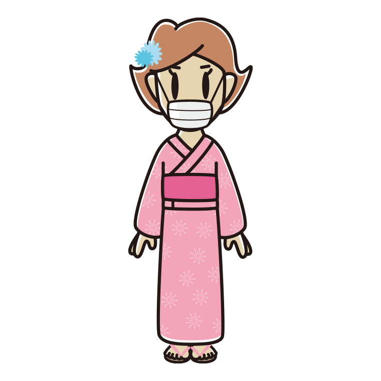 マスクをする浴衣姿の女性のイラスト【色あり、背景なし】透過PNG