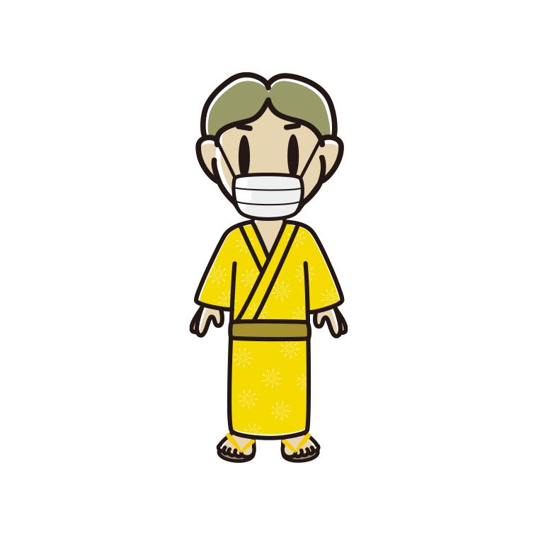マスクをする浴衣姿の小学生男子のイラスト【色あり、背景なし】透過PNG