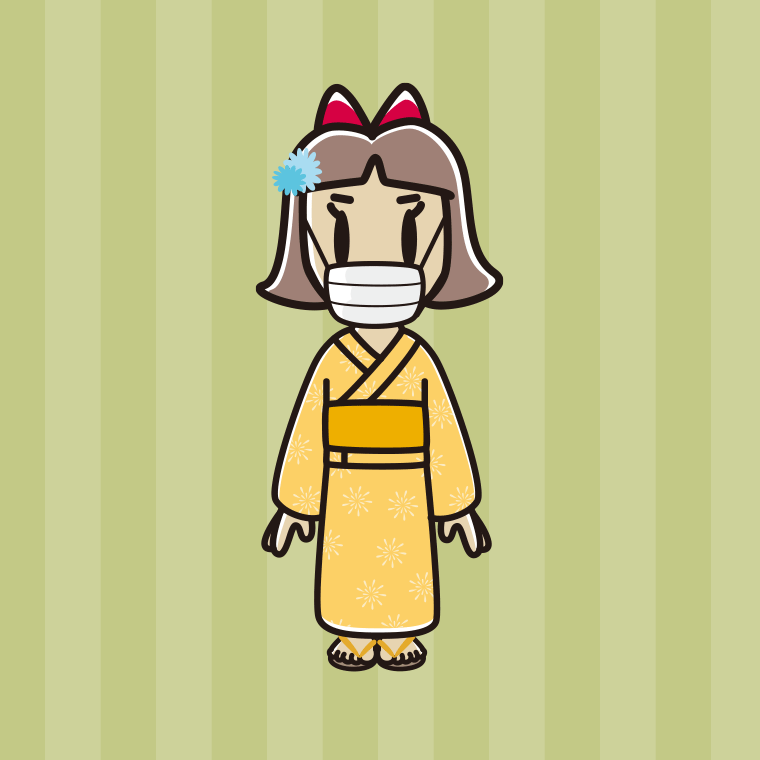 マスクをする浴衣姿の小学生女子のイラスト【色、背景あり】PNG