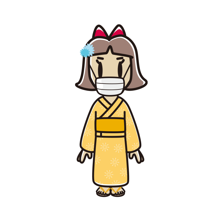 マスクをする浴衣姿の小学生女子のイラスト【色あり、背景なし】透過PNG