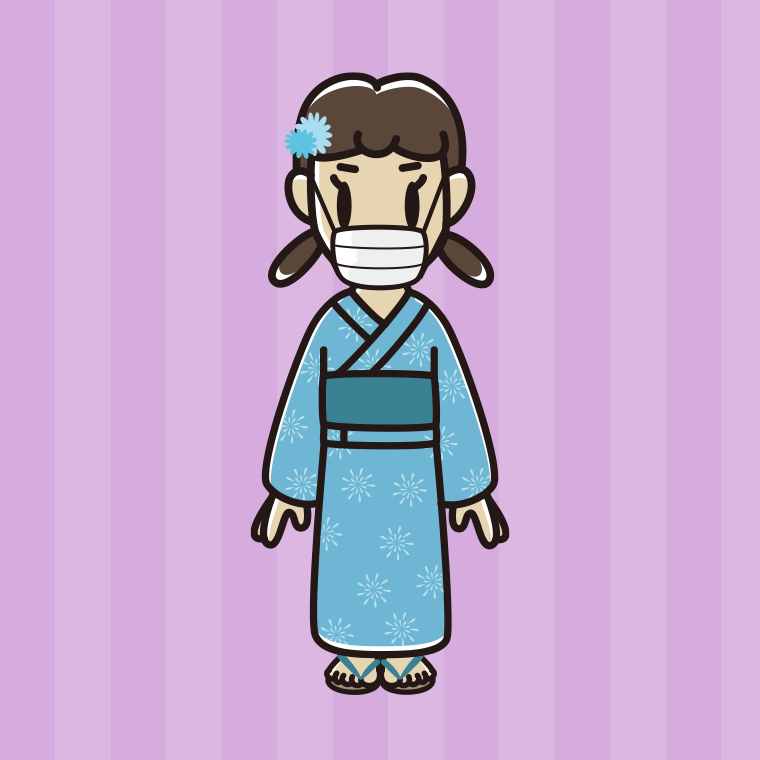 マスクをする浴衣姿の女子中学生のイラスト【色、背景あり】PNG