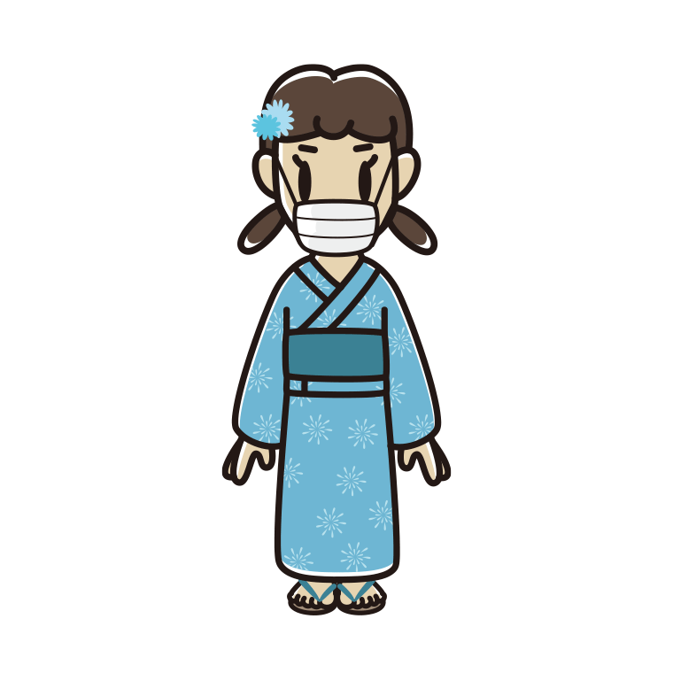 マスクをする浴衣姿の女子中学生のイラスト【色あり、背景なし】透過PNG