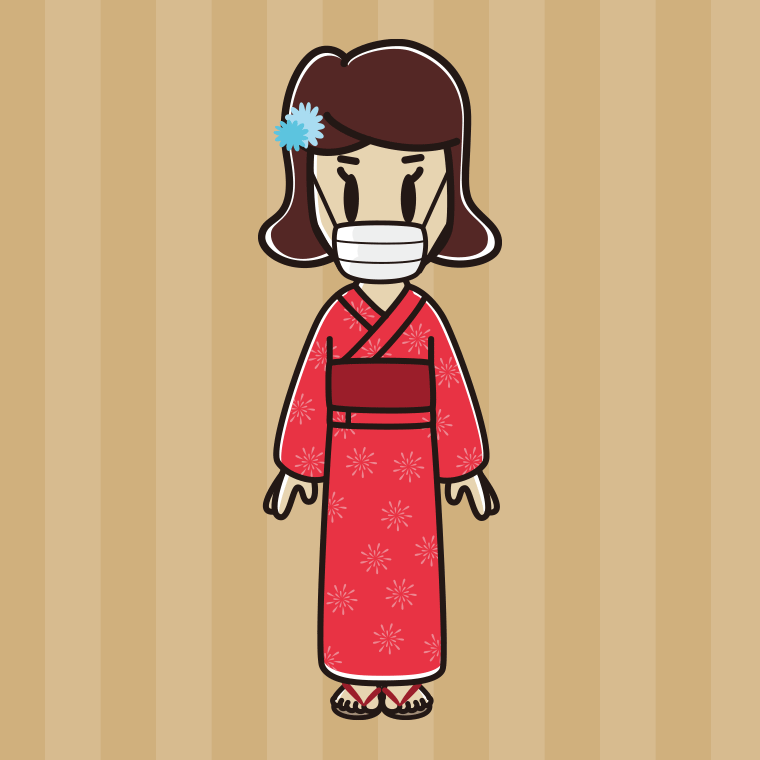マスクをする浴衣姿の女子高校生のイラスト【色、背景あり】PNG