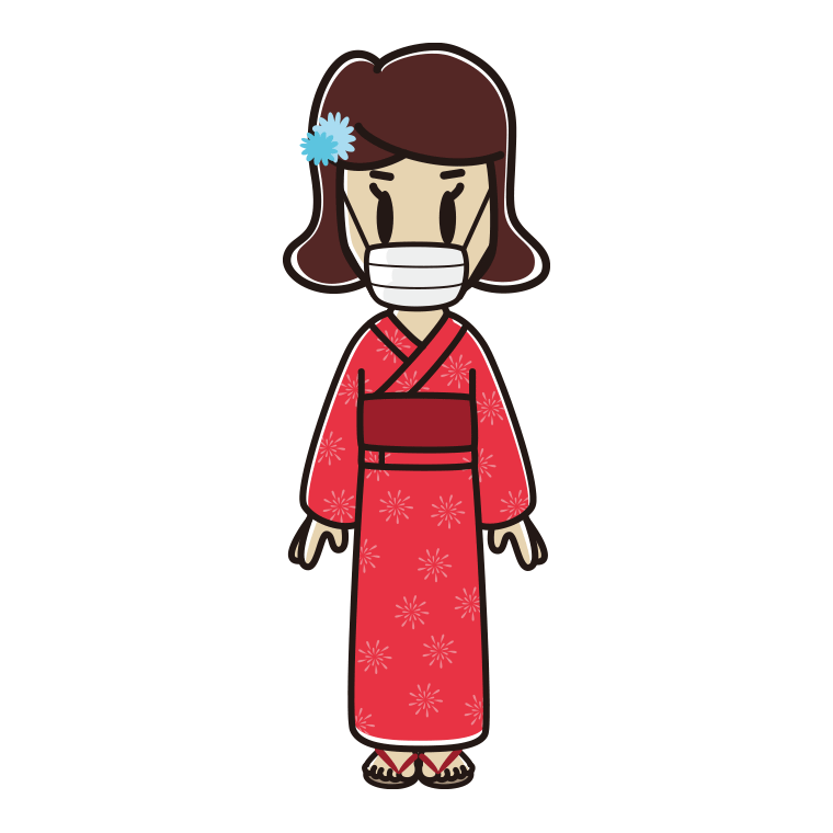 マスクをする浴衣姿の女子高校生のイラスト【色あり、背景なし】透過PNG