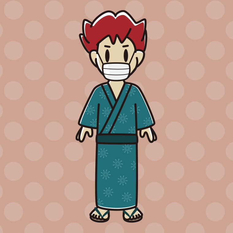マスクをする浴衣姿の男子大学生のイラスト【色、背景あり】PNG